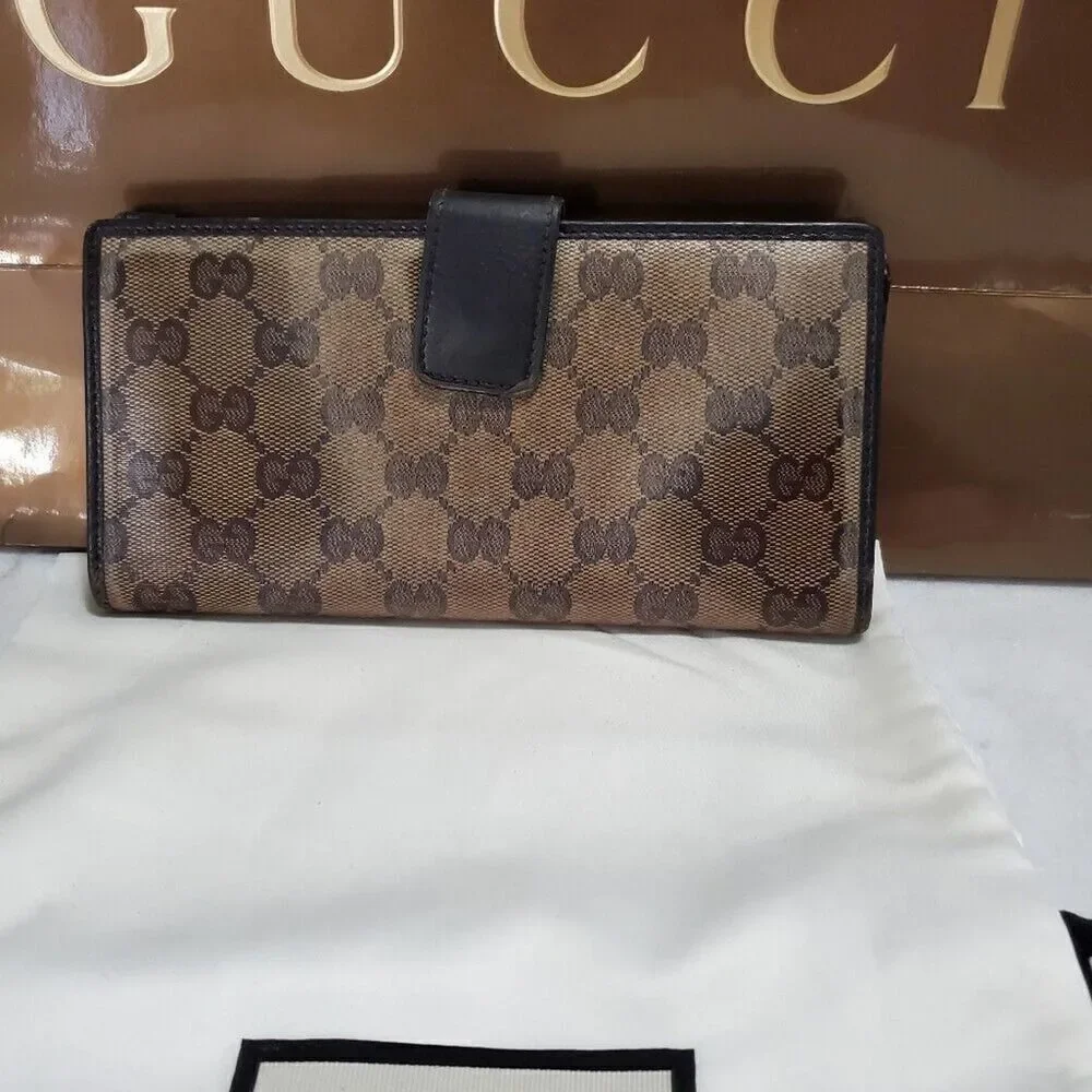 Gucci GG Logo Brown Canvas Continental Bifold Wallet with Black Trim. 2085660415